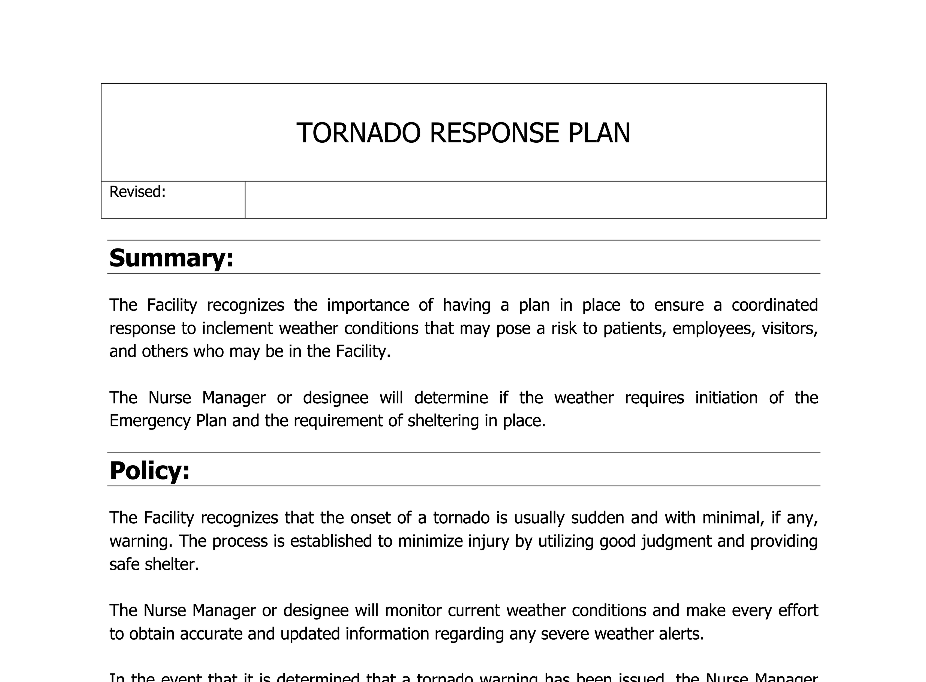 Tornado Response Plan