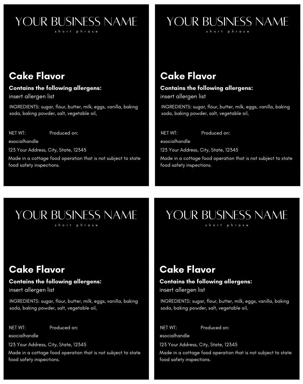 Black and White Cake Box Labels with & without ingredients