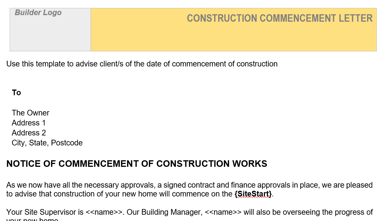 Letter - 06.34 Construction Commencement Letter Template