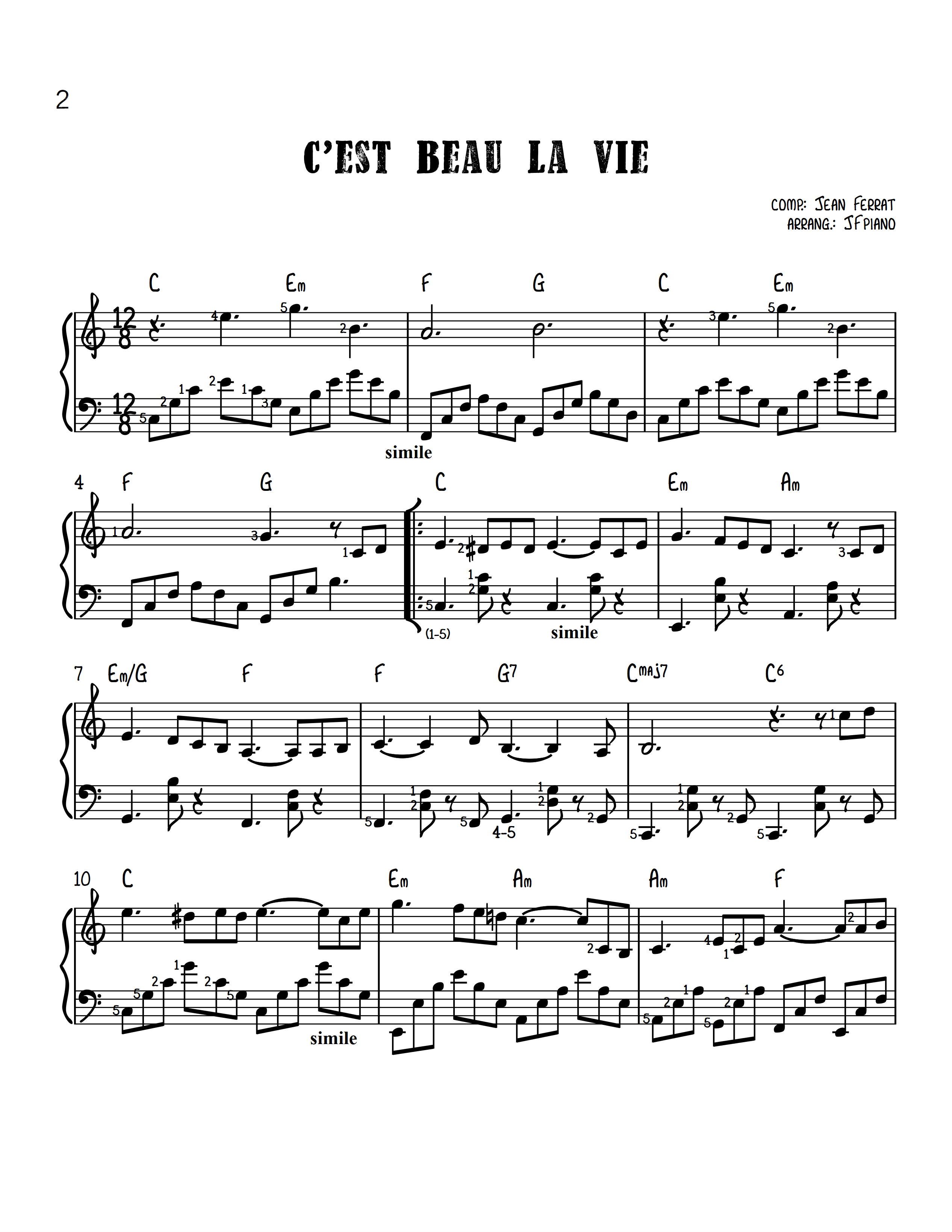 Partition piano ''C'est beau la vie'' (Jean Ferrat) avec DOIGTÉS