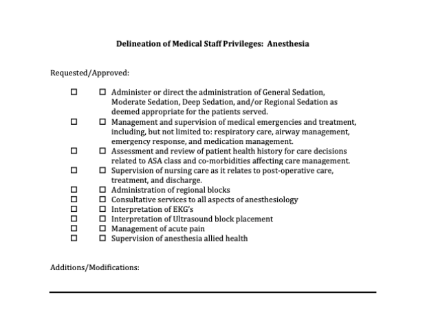 Anesthesia Delineation Of Privileges