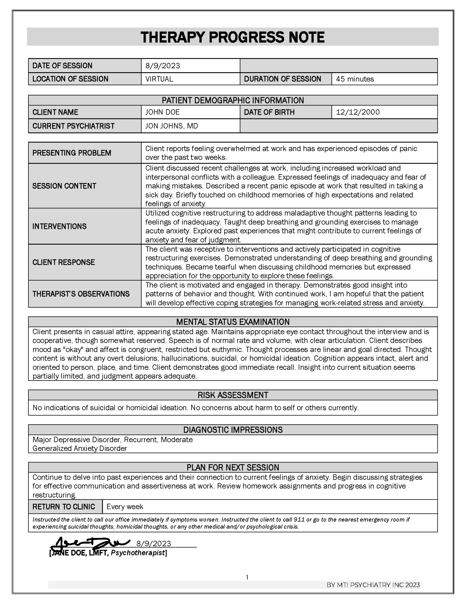 Sample Progress Note Template