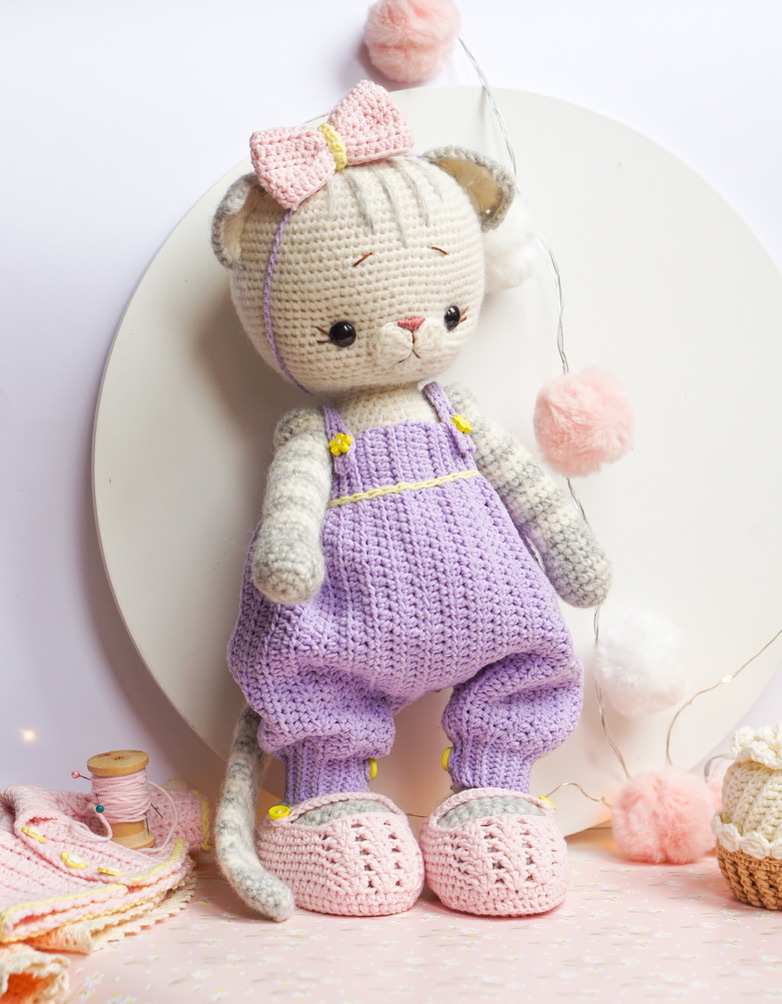 Handmade Crochet Kitten Toy in Red Jumpsuit