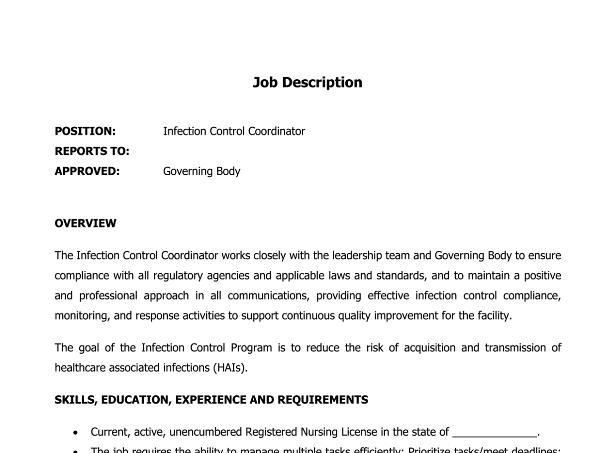 Infection Control Coordinator Job Description Template