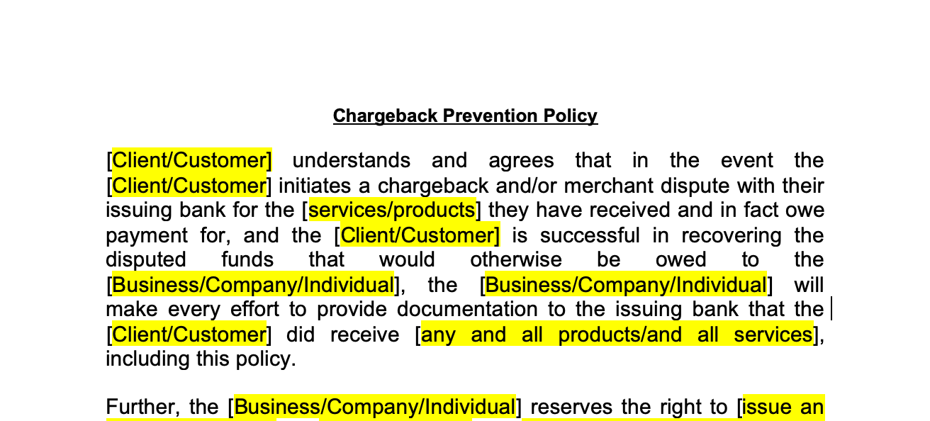 No Chargeback Agreement Template