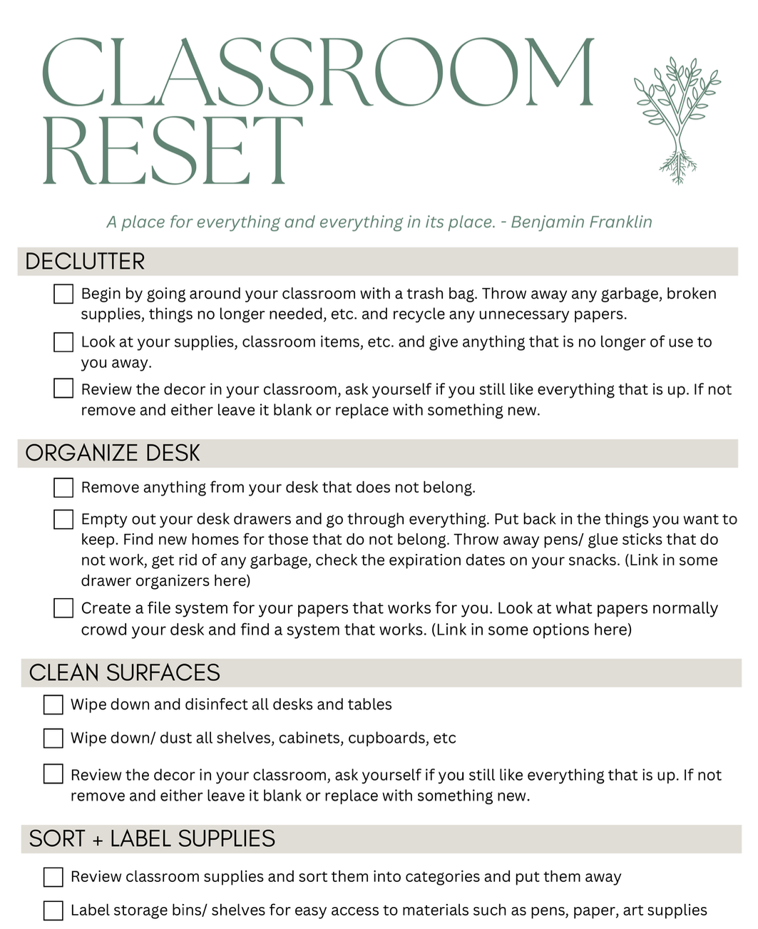 FREE Classroom Reset Checklist