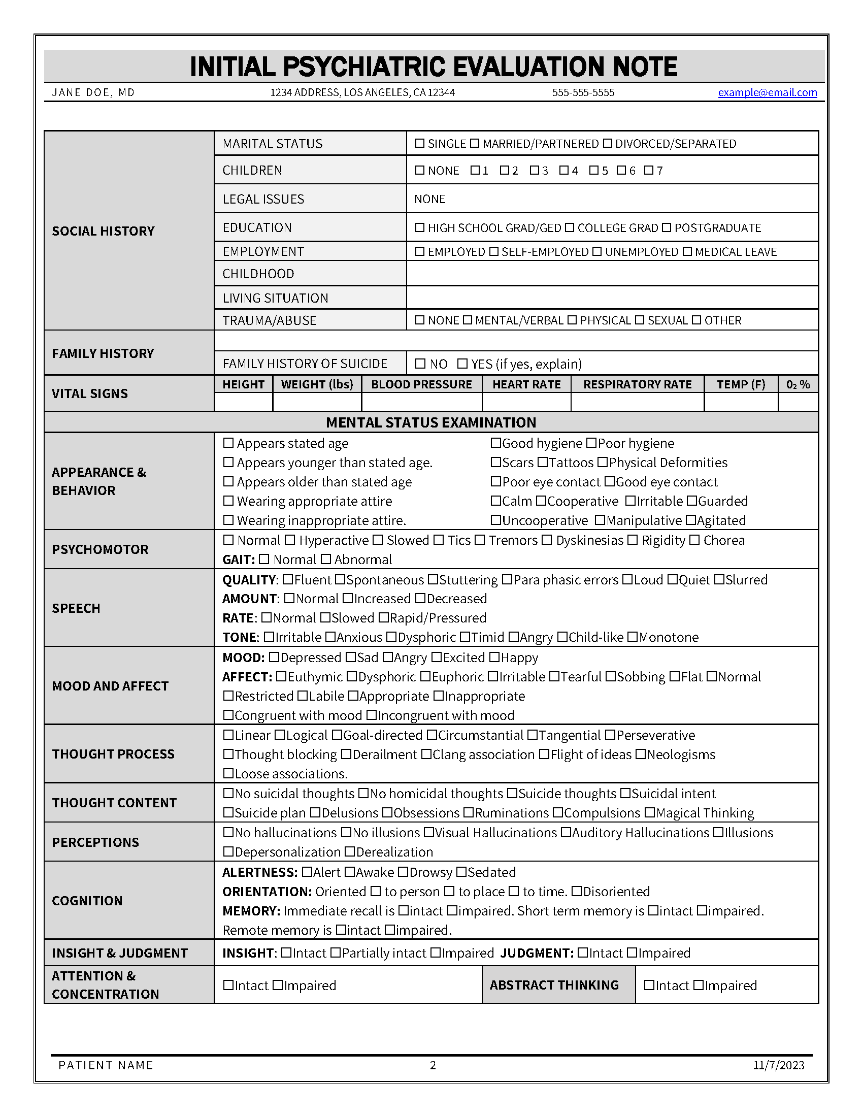 Initial Psychiatric Evaluation Note Template