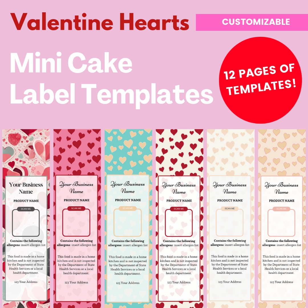 Valentine Hearts Mini Cake Label Templates w/ & w/out Ingredients (12