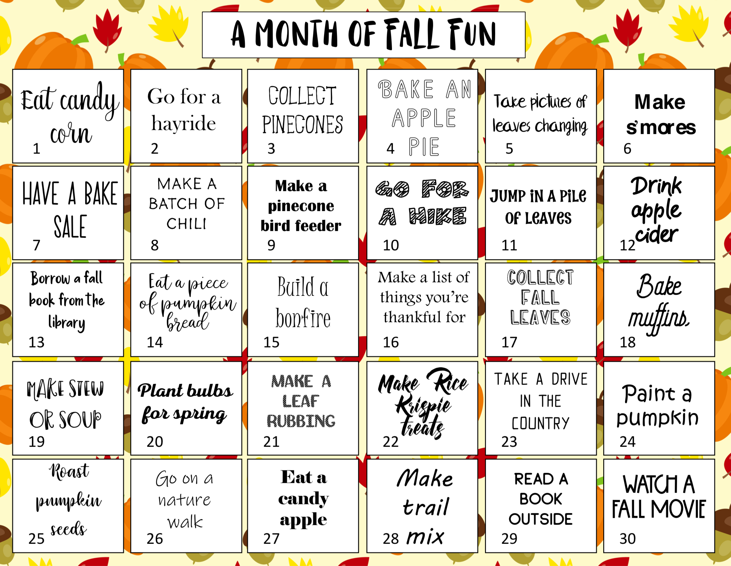 Fall Activities Bucket List Calendar