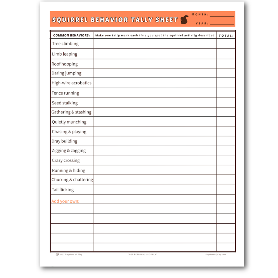 Printable Squirrel Behavior Tally Sheet